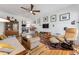 Bright living room featuring a ceiling fan, hardwood floors, and a comfortable seating area at 2024 Ford St, Golden, CO 80401