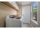 Bright laundry room with front loading washer and dryer and built-in overhead cabinets at 10610 Winterflower Way, Parker, CO 80134