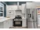 Contemporary kitchen with stainless steel appliances and dark blue accent wall, enhancing its appeal at 2560 Champa St, Denver, CO 80205