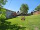 Backyard featuring a lush lawn, a wooden fence, mature trees, and raised garden beds at 6869 Quay St, Arvada, CO 80003