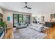 Open-concept living area with hardwood floors, modern sofas, and a view to the kitchen at 4274 E Dickenson Pl, Denver, CO 80222