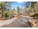 Exterior of a home with an expansive driveway surrounded by tall trees, creating a sense of seclusion and nature at 13609 Elsie Rd, Conifer, CO 80433