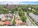 An aerial view of the neighborhood showing the properties with mature trees at 7 Elati St, Denver, CO 80223