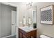 Bathroom featuring a single sink vanity with framed art and open doorway at 5760 N Boston St, Denver, CO 80238