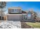 Charming two-story home featuring a brick facade, manicured lawn, and attached two-car garage at 5821 S Quatar Cir, Centennial, CO 80015