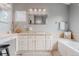 Bright bathroom with a soaking tub, dual sinks, and ample counter space, creating a functional and relaxing space at 8367 Devinney St, Arvada, CO 80005