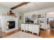 Bright office space boasts fireplace, wood beam, and built-in shelving at 2257 Deerpath Rd, Franktown, CO 80116