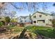 Landscaped backyard with green lawn, stone firepit, wooden fence, and view of neighboring homes at 5432 S Cathay Way, Centennial, CO 80015