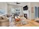 Cozy living room features a fireplace, large windows, and hardwood flooring at 8894 River Peak Cir, Littleton, CO 80125