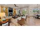 Cozy living room with a stone fireplace, wood floors, and lots of natural light at 7737 Taylor Cir, Larkspur, CO 80118
