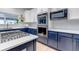 Kitchen with stainless steel appliances, double ovens, and blue lower cabinets at 10046 Brisbane Ln, Highlands Ranch, CO 80130