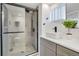 Modern bathroom showcasing glass-enclosed shower, stylish vanity with sleek fixtures, and contemporary design at 1601 Robb St, Lakewood, CO 80215