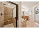 Luxurious bathroom featuring a tiled walk-in shower, a separate soaking tub, and double sinks with wooden cabinetry at 1890 Bel Lago Vw, Monument, CO 80132