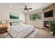 Beautiful bedroom with a stone fireplace, ceiling fan and large windows at 1890 Bel Lago Vw, Monument, CO 80132