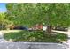 Beautifully landscaped front yard with a mature tree shading the two-story home with a driveway and blue garage at 10291 Carrara Ter, Parker, CO 80134
