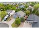 A beautiful blue house and surrounding neighborhood are captured in this aerial shot at 16839 Trail View Cir, Parker, CO 80134