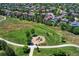 Aerial view of a neighborhood with a playground, green space, and walking path at 4385 Oakes Mill Ct, Castle Rock, CO 80109