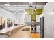 Open kitchen with stainless steel appliances, a breakfast bar with seating, and an industrial-style ceiling at 1435 Wazee St # 504, Denver, CO 80202