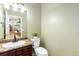 Cozy powder room featuring a decorative vanity, modern fixtures, and serene green walls at 2112 Springs Pl, Longmont, CO 80504