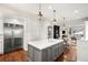 Large kitchen with stainless steel appliances, gray island and hardwood flooring at 165 N High St, Denver, CO 80218