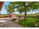This backyard features a shed, mature trees, a fire pit, and manicured landscaping at 4664 S Union St, Morrison, CO 80465