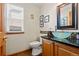 Stylish half-bathroom featuring a unique vessel sink, granite countertop, and modern fixtures at 13131 Pennsylvania St, Thornton, CO 80241