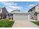 View of charming gray home featuring an attached garage, well-maintained lawn, and blue sky at 8761 Cloverleaf Cir, Parker, CO 80134