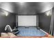 Dark, finished theater room featuring leather seating and large projector screen at 9468 E Aspen Hill Ln, Lone Tree, CO 80124