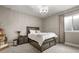 Comfortable bedroom with plush carpeting, a charming chandelier, and natural light from the window at 6766 Mentha Dr, Castle Rock, CO 80108