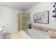 Bathroom featuring bathtub, shower, white vanity, with tile flooring, and gold fixtures at 9491 Southern Hills Cir, Lone Tree, CO 80124