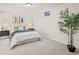 Finished basement bedroom with neutral color carpet, a bed, two side tables and a green plant at 7906 S Dover St, Littleton, CO 80128