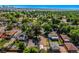 Aerial view of residential neighborhood featuring city skyline and mountain views at 449 Lowell Blvd, Denver, CO 80204