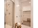 Modern bathroom featuring a glass-enclosed shower and a walk-in closet at 3461 N Buchanan Way, Aurora, CO 80019