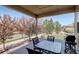 Covered patio with outdoor seating, grill, and scenic views of the lush backyard at 8255 E 150Th Pl, Thornton, CO 80602
