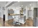 A well-lit kitchen features gray cabinets, stainless steel appliances, granite countertops, and a spacious center island with bar stools at 20630 E Ithaca Pl, Aurora, CO 80013