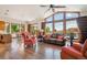 Open-concept living room with vaulted ceilings, hardwood floors, and large windows framing scenic views at 16442 Rocky Point Ln, Morrison, CO 80465