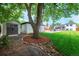 Spacious backyard with mature tree, large shed, green lawn, and outdoor seating area at 1650 S Holly St, Denver, CO 80222