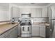 Bright kitchen with stainless steel appliances and gray cabinetry at 8671 E Dry Creek Rd # 721, Englewood, CO 80112