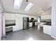 Bright kitchen featuring skylights, stainless steel appliances, white cabinetry, and hardwood flooring at 17037 E Wiley Pl, Parker, CO 80134