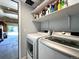 Well-equipped laundry room with modern washer, dryer and shelving for ample storage of detergents and cleaning supplies at 17037 E Wiley Pl, Parker, CO 80134