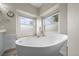 Luxurious bathroom featuring a modern soaking tub, tiled accent wall, and bright natural lighting at 32501 E 137Th Way, Brighton, CO 80603