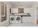 Laundry room featuring modern white appliances, custom cabinets, and decorative tiling at 5925 Zinnia Ct, Arvada, CO 80004