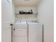 Convenient laundry room with modern washer and dryer set, shelving, and ample storage at 6470 S Oak Ct, Littleton, CO 80127