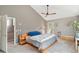 Neutral main bedroom with vaulted ceilings and ceiling fan at 9400 E Iliff Ave # 181, Denver, CO 80231
