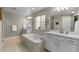 Bright bathroom featuring a large bathtub, double vanity, and modern finishes at 3636 Sublime Ct, Castle Rock, CO 80108