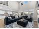 Open-concept living room with kitchen view, high ceilings, and comfortable furnishings at 3636 Sublime Ct, Castle Rock, CO 80108