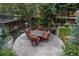 Aerial view of the backyard showing patio seating among lush landscaping, trees, and garden beds at 9758 Red Oakes Dr, Highlands Ranch, CO 80126