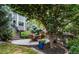 Landscaped backyard featuring a patio with seating surrounded by lush landscaping and mature trees at 9758 Red Oakes Dr, Highlands Ranch, CO 80126
