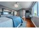 Bright bedroom with hardwood floors, gray walls, and an attached bathroom; a perfect retreat at 9758 Red Oakes Dr, Highlands Ranch, CO 80126