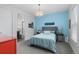 Cozy bedroom featuring a blue accent wall, comfortable furnishings, and great lighting at 7077 Copper Sky Cir, Castle Pines, CO 80108